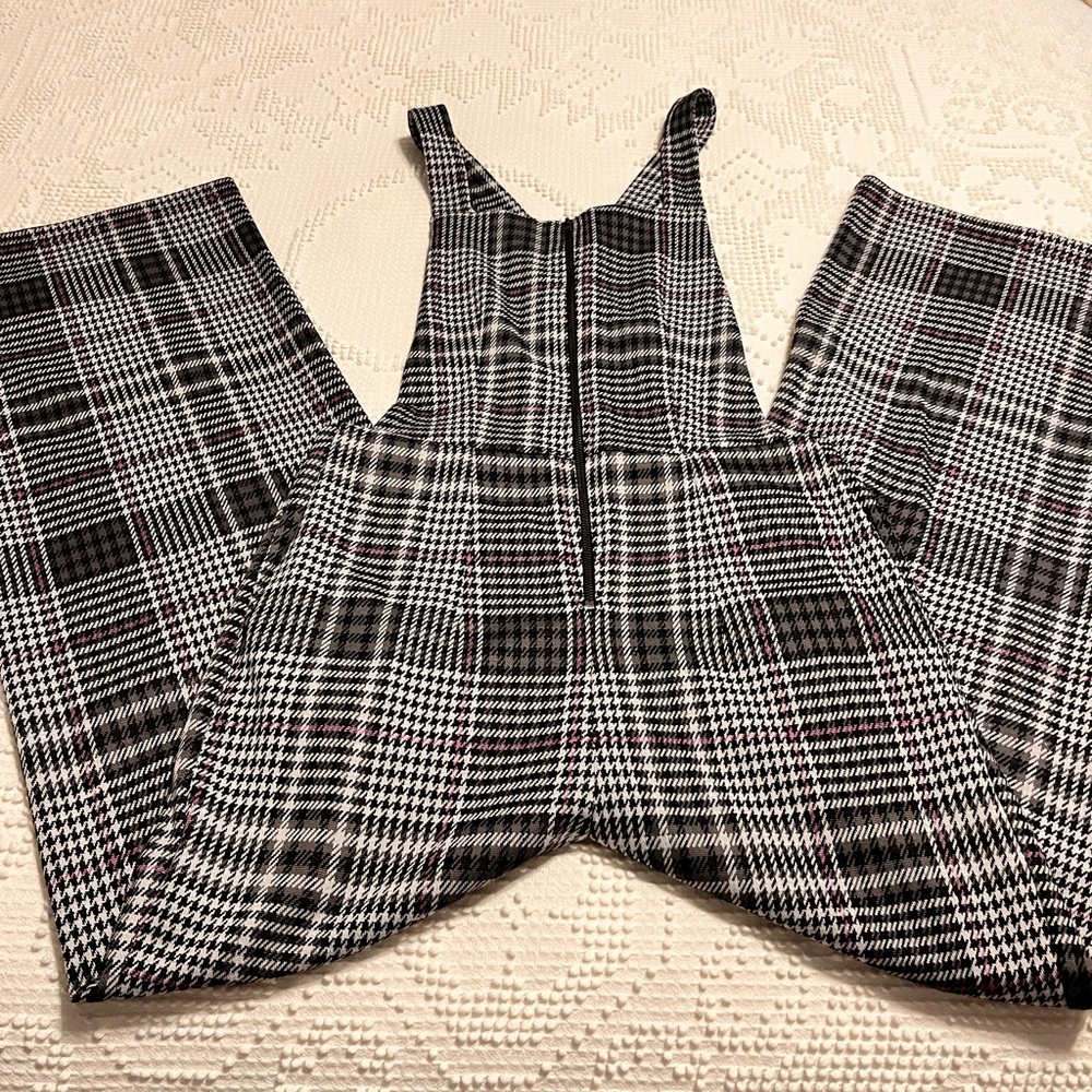 Hollister Black and White Plaid with Purple Detail Jumpsuit with Relaxed Fit